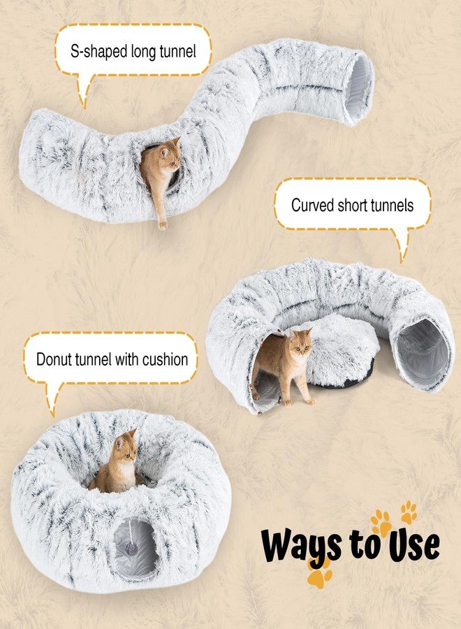 Avont Cat Tunnel Bed with Central Washable Cushion - Large Cat Tunnel Tube Toys 3 Shape to Play for Indoor Cats Kittens Puppies Ferret, Round Plush Fluffy Cat Bed with Tunnels -Grey - Image 2